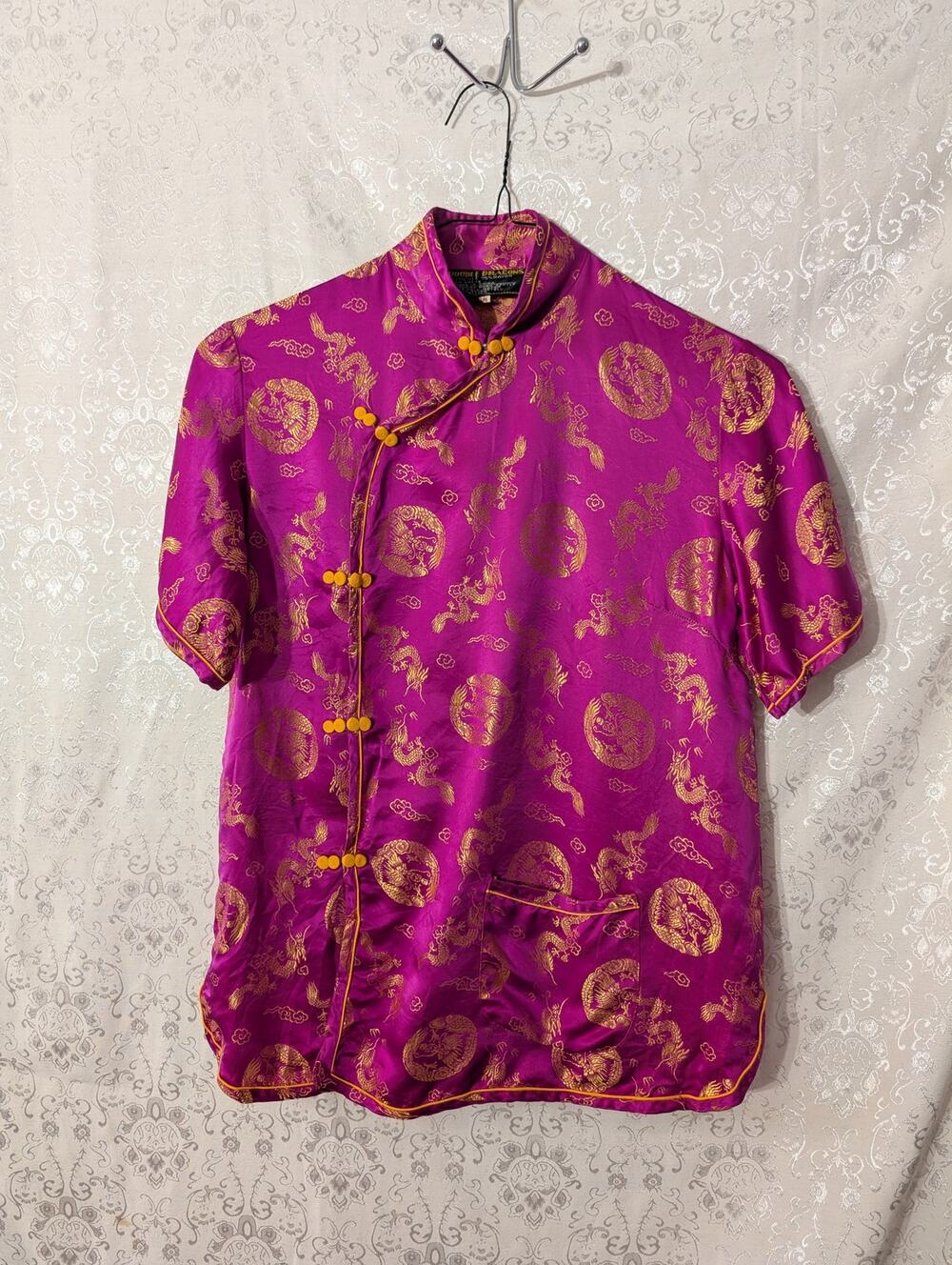 Vintage 90s Double Dragons Silk Blend Brocade Top Size M Magenta Gold